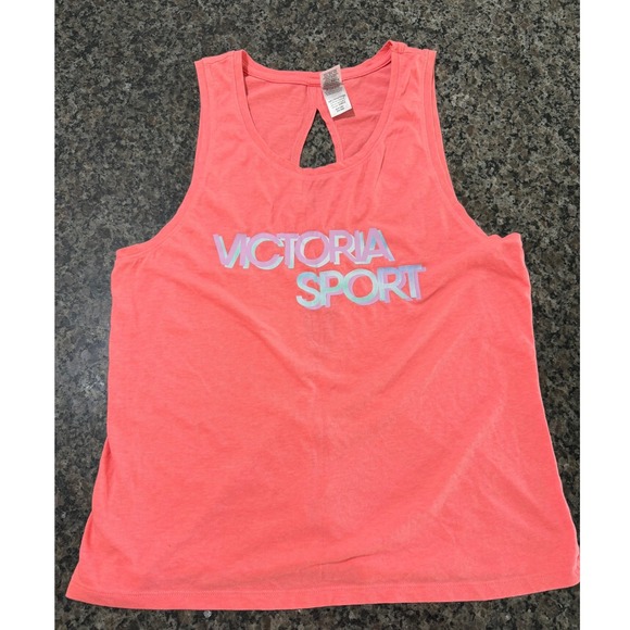Victoria Sport Tops - Victoria Sport Womens Neon Pink Coral Logo Graphic Open Back Workout Tank Top S